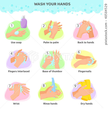 Wash hands vector instructions of washing or cleaning hands with soap and foam in water illustration Wash hands vector instructions of washing or cleaning hands with soap and foam in water illustration 48584529