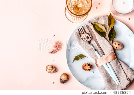 Easter festive table setting in natural style. Be Easter festive table setting in natural style. Be 48586894
