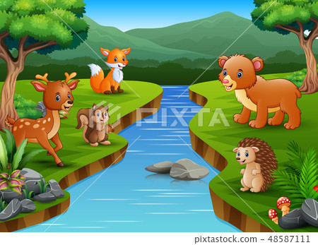 Happy animal cartoon enjoying on the riverside - Stock Illustration ...