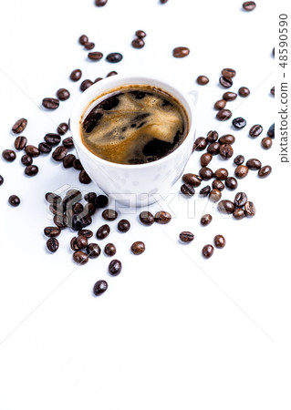 Cup with coffee beans on white background 48590590