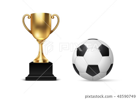 Realistic Vector 3d Blank Golden Champion Cup Icon wirh Soccer Ball Set Closeup Isolated on White 48590749