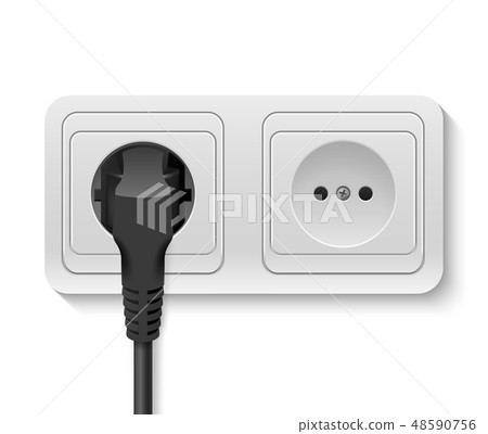 Realistic Vector 3d Black Plug Inserted in a Wall Socket Icon Closeup Isolated on White Background 48590756