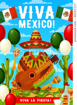 Mexican Cinco de Mayo sombrero, poncho and guitar 48591117