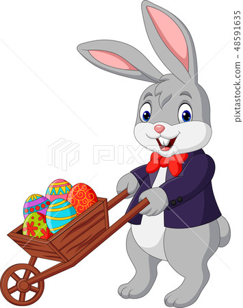 Cartoon rabbit pushing cart full of Easter eggs 48591635