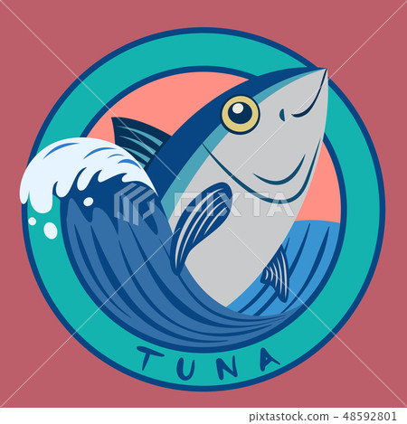 Tuna fish seafood on blue wave circle logo 48592801