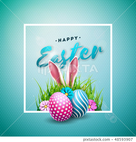 Vector Illustration of Happy Easter Holiday with Painted Egg, Rabbit Ears and Spring Flower on Shiny Vector Illustration of Happy Easter Holiday with Painted Egg, Rabbit Ears and Spring Flower on Shiny 48593907