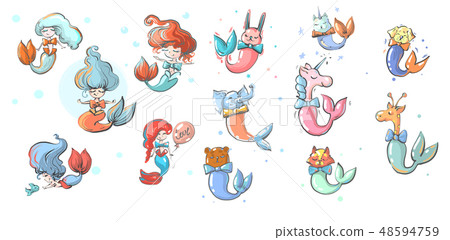 Mermaids girls and animals with fish tails vector illustration Mermaids girls and animals with fish tails vector illustration 48594759