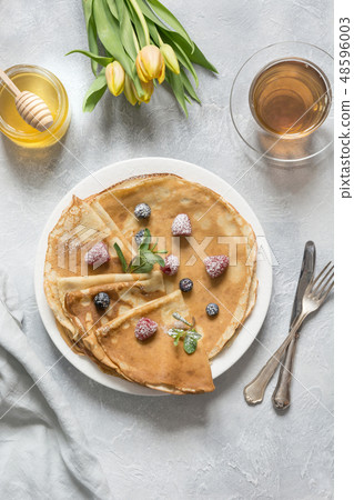 Traditional russian pancakes, honey. Shrovetide. Traditional russian pancakes, honey. Shrovetide. 48596003