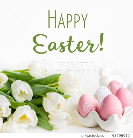Happy Easter. White tulips and eggs for painted. 48596013