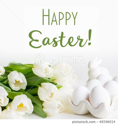 Happy Easter. White tulips and eggs for painted. Happy Easter. White tulips and eggs for painted. 48596014