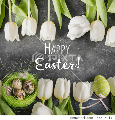 Happy Easter. Border of white tulips, eggs, nest. Happy Easter. Border of white tulips, eggs, nest. 48596015