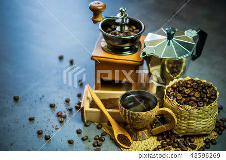 Brew black coffee in coconut cup and morning light 48596269