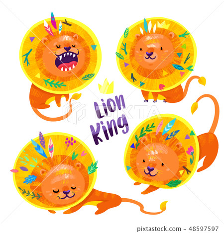 Set of four lions with feathers and leaves in his hair 48597597