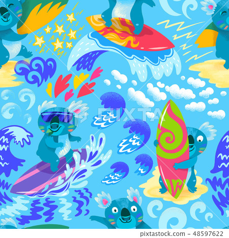 Cute Koala surfers seamless pattern. Hand drawn illustration Cute Koala surfers seamless pattern. Hand drawn illustration 48597622