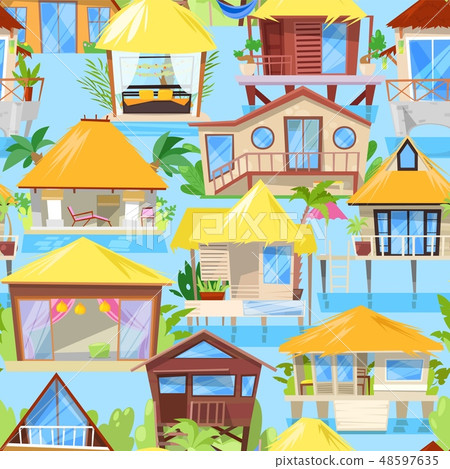 Villa vector facade of house building and tropical resort hotel on ocean beach in paradise 48597635
