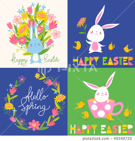 Set of four vector easter spring images with rabbits, flowers and lettering Set of four vector easter spring images with rabbits, flowers and lettering 48598720