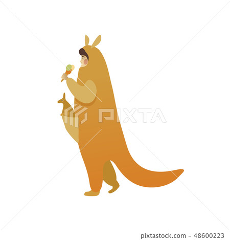 Man in kangaroo costume with toy animal in pouch. Guy walking and eating ice-cream. Halloween outfit Man in kangaroo costume with toy animal in pouch. Guy walking and eating ice-cream. Halloween outfit 48600223