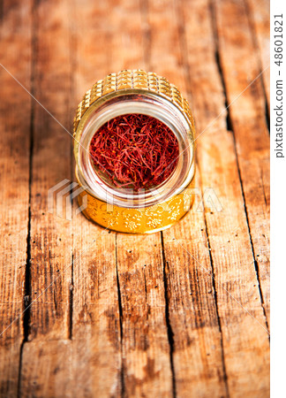 Saffron spice tea crop in a traditional box Saffron spice tea crop in a traditional box 48601821