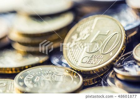 A pile of new euro coins in other compositions. 48601877