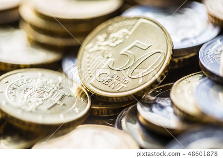 A pile of new euro coins in other compositions. 48601878