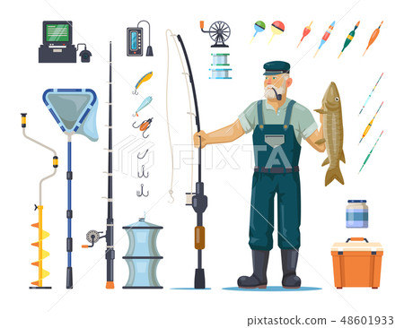 Fisherman with fish near pole, rod, hook, tackle Fisherman with fish near pole, rod, hook, tackle 48601933