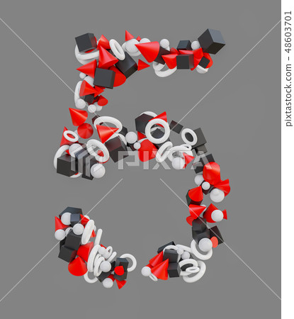 Abstract number five, consisting of spheres, cubes, toruses and pyramids Abstract number five, consisting of spheres, cubes, toruses and pyramids 48603701