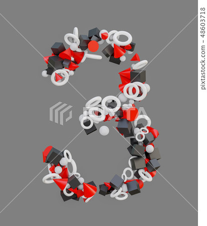 Abstract number three, consisting of spheres, cubes, toruses and pyramids Abstract number three, consisting of spheres, cubes, toruses and pyramids 48603718