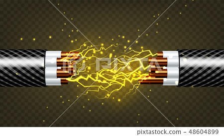 Electric Break Cable Vector. Electrician Rubber Cord. Copper Wire. Circuit Sparks. 3D Realistic 48604899