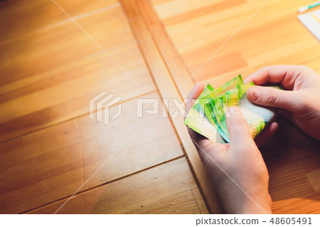 men's hands count the Russian money close up. 48605491