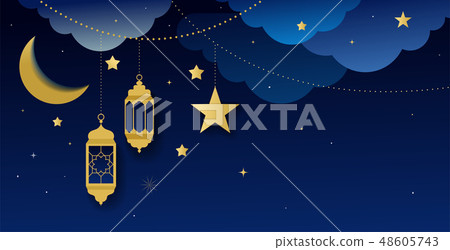 Ramadan kareem greeting card and banner. Islamic lantern on moon abd stars background. Vector 48605743