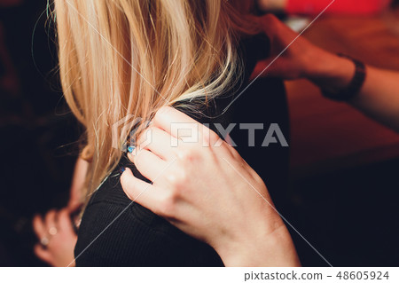 Closeup portrait of Lovely lesbian couple massage relax and happy sweetheart by touching lover. 48605924