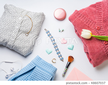 Spring woman clothes flat lay. Flower, hearts Spring woman clothes flat lay. Flower, hearts 48607037