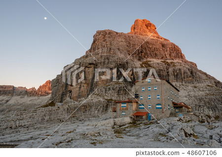 Mountain peaks in the Dolomites Alps. Beautiful nature of Italy. Chalet Pedrotti. Mountain peaks in the Dolomites Alps. Beautiful nature of Italy. Chalet Pedrotti. 48607106