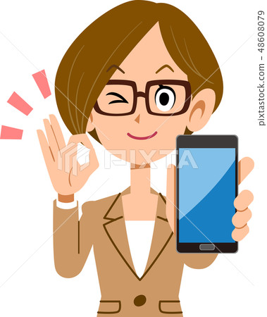 Business woman holding a smartphone and issuing an OK sign Business woman holding a smartphone and issuing an OK sign 48608079