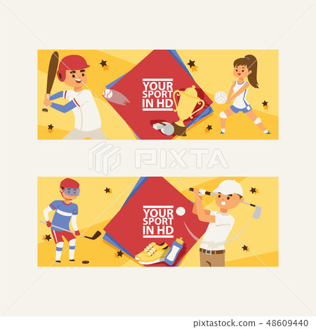 Child in sport vector boy or girl character playing hockey baseball and children in volleyball golf Child in sport vector boy or girl character playing hockey baseball and children in volleyball golf 48609440