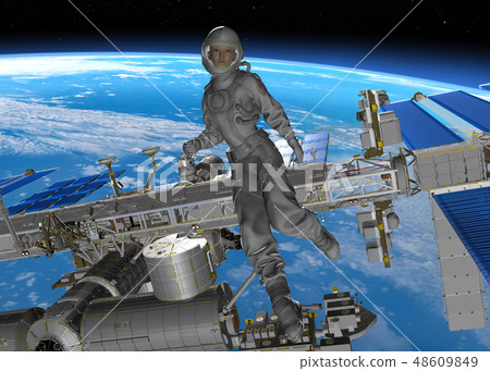 ISS International Space Station and female astronaut perming3DCG Illustration material 48609849