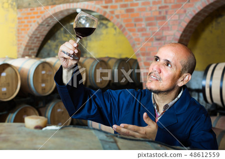 winery employee holding wine 48612559