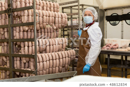 Workwoman carrying sausage trolley Workwoman carrying sausage trolley 48612834