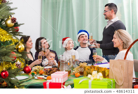 Cheerful Mature parents with kids celebrating Merry Christmas 48614311