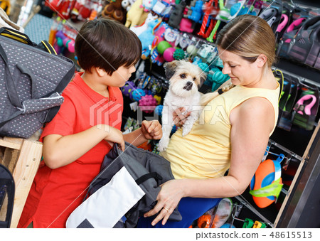 Careful family visiting pet shop in search of bag for transportation for their dog Careful family visiting pet shop in search of bag for transportation for their dog 48615513