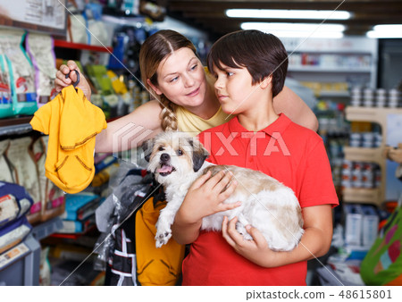 Family choosing dogs clothes in shop Family choosing dogs clothes in shop 48615801