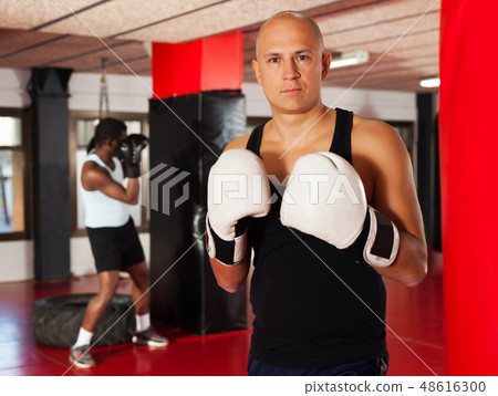 Confident boxer man training on punching bag 48616300
