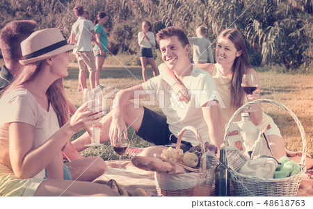 Happy young people on picnic in park and kids playing 48618763