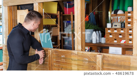 guy dressed wetsuit standing next to reception 48619678