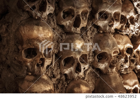 Skull and human bones. Cemetery ancient wall pattern. Horror dark chapel. Death pattern concept Skull and human bones. Cemetery ancient wall pattern. Horror dark chapel. Death pattern concept 48623952