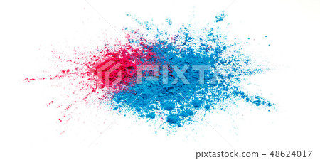 Abstract colorful Happy Holi background. Color vibrant powder isolated on white. Dust colored splash 48624017