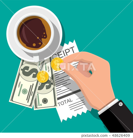 Cup with coffee, cash and coins, cashier check. 48626409