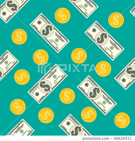 Seamless pattern of dollar banknotes, golden coins Seamless pattern of dollar banknotes, golden coins 48626411