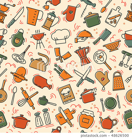 The seamless pattern on the kitchen theme with a variety of kitchen items. 48626500