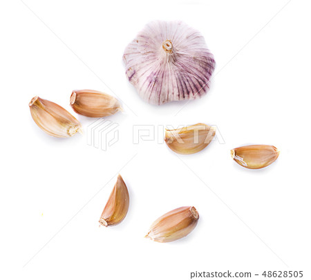 Garlic top view on white background. 48628505
